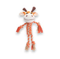 Orange and cream plush giraffe dog toy with braided rope body, arms, and legs.