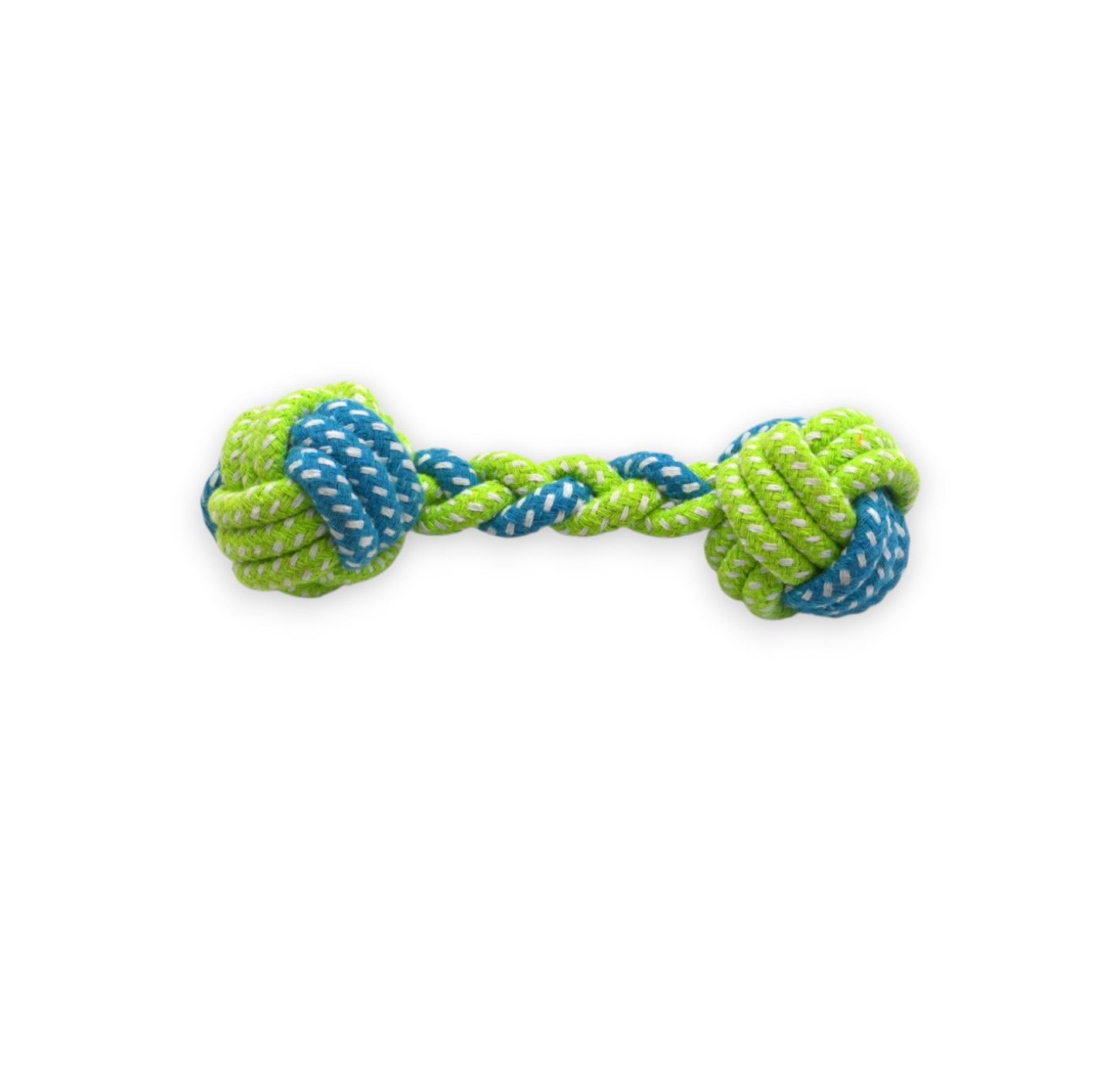 Green and blue braided rope dog toy with two knotted ends.