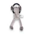 Grey plush elephant pet toy with ribbed body, floppy ears, and a blue and brown rope handle.