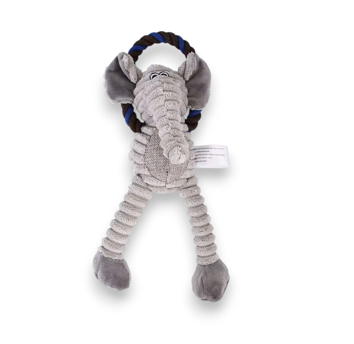 Grey plush elephant pet toy with ribbed body, floppy ears, and a blue and brown rope handle.