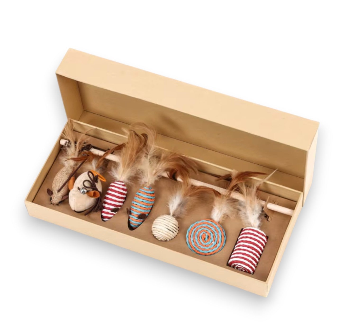 A beige box holds 8 cat toys: two feather wands, two mouse toys, two striped cylinders, a woven ball, and a woven circular toy.