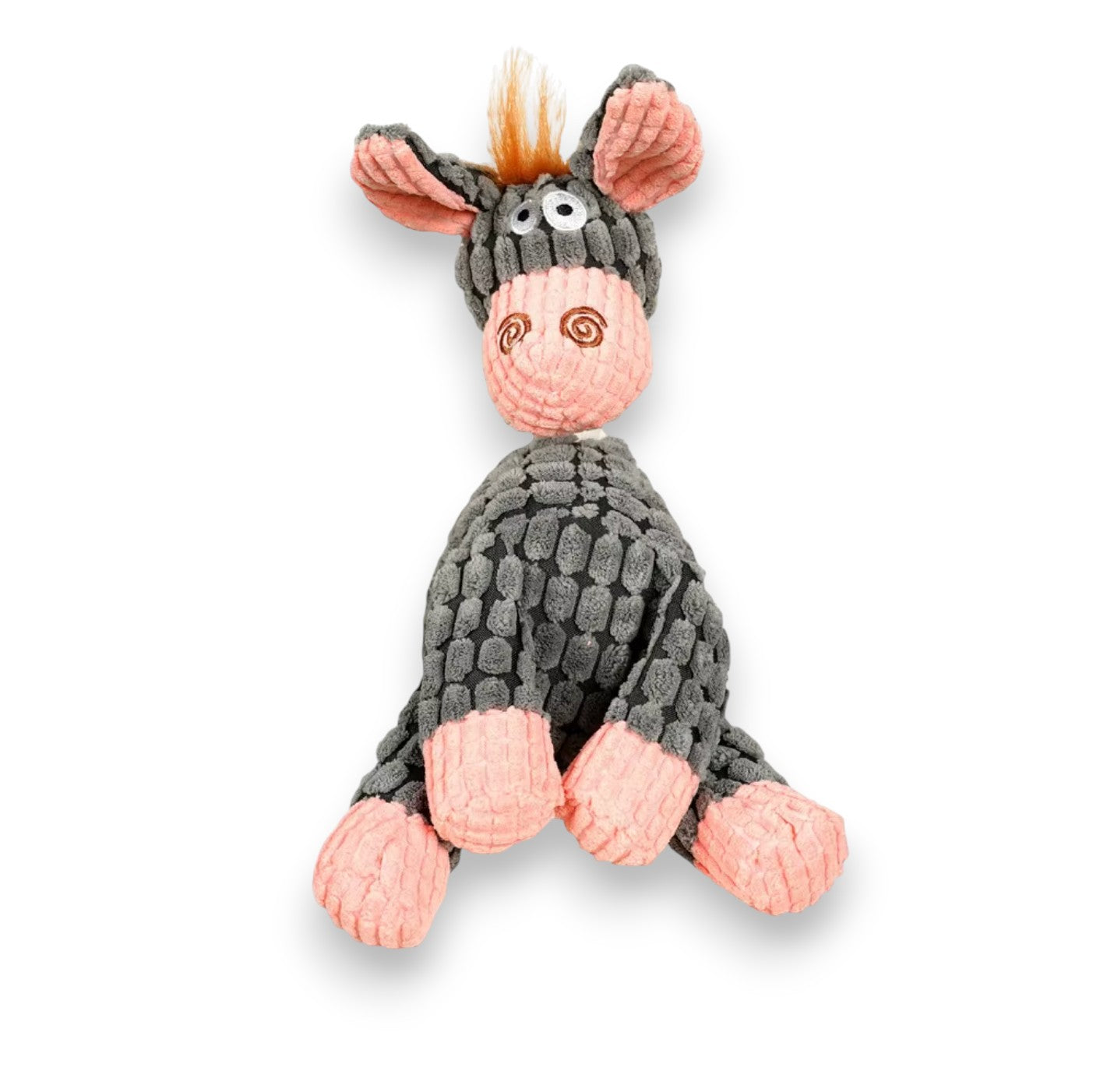 Gray and pink plush donkey dog toy with textured body and feet, orange tuft of hair.