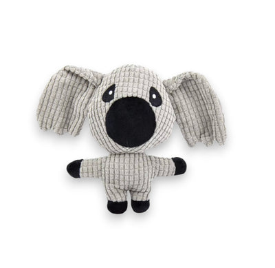 Textured grey and black plush animal toy with floppy ears, large black snout, and wide eyes.