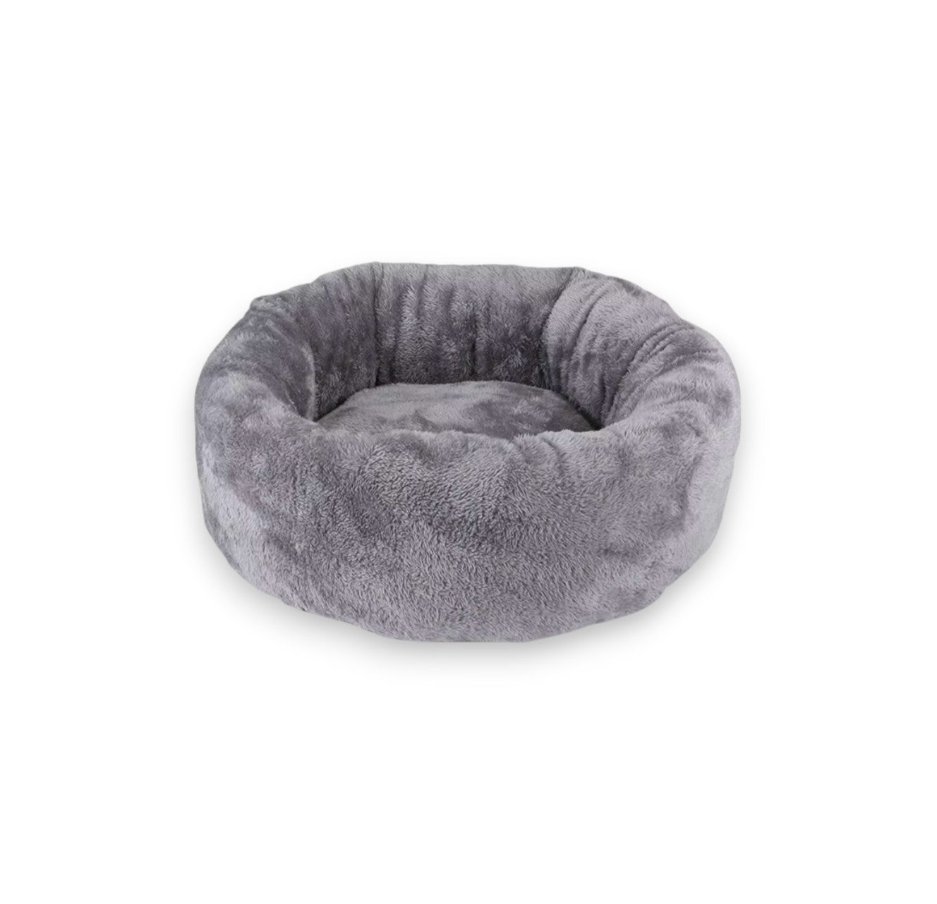 Round gray plush dog bed with high cushioned sides.