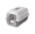 Light and dark grey plastic pet carrier with grated door, top handle, ventilation holes, and an internal dish.