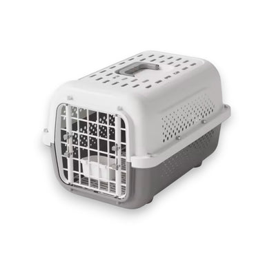 Light and dark grey plastic pet carrier with grated door, top handle, ventilation holes, and an internal dish.