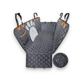 Dark grey quilted car seat protector with orange accents, a mesh paw print panel, and visible waterproof fabric.