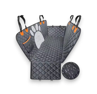 Dark grey quilted car seat protector with orange accents, a mesh paw print panel, and visible waterproof fabric.