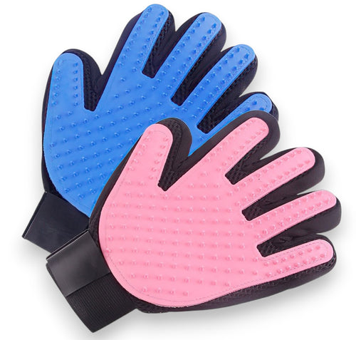 Two pet deshedding gloves, one blue and one pink, with textured silicone nubs for grooming.